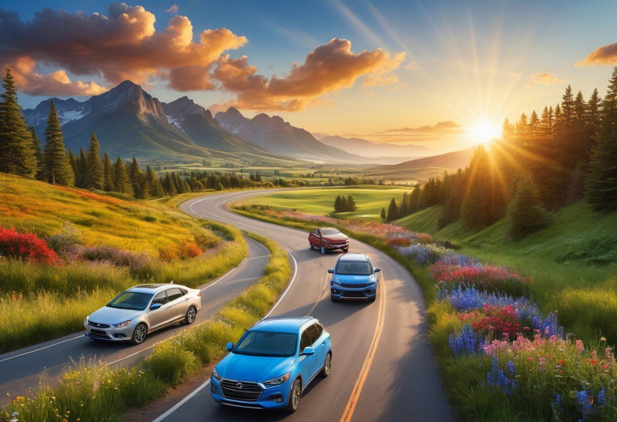 A serene road stretching through a picturesque landscape with various cars symbolizing different insurance options parked along the sides. Each car has labels indicating affordable and comprehensive features. In the background, a clear blue sky and a bright sun symbolize hope and savings. The scene conveys a journey towards smart financial choices in car insurance. super-realistic. vibrant colors. 3D.