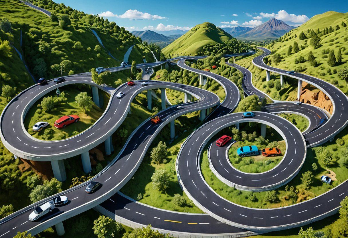A visually engaging roadmap with various car insurance quotes displayed along winding roads, highlighting the journey of finding the best rates and policies. Include icons of cars, dollar signs, and policy documents set against a bright, inviting landscape. The scene should evoke a sense of adventure and financial savvy. super-realistic. vibrant colors. 3D.