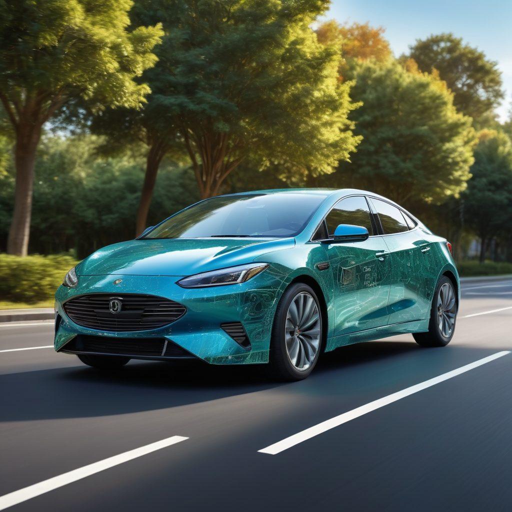 A striking visual representation of a modern vehicle shielded by an intricate network of protection layers, symbolizing optimal coverage. Include icons depicting various types of insurance (collision, liability, comprehensive) surrounding the vehicle. The background should feature a peaceful driving environment, hinting at safety and security. Use bright colors to convey a sense of trust and assurance. super-realistic. vibrant colors.